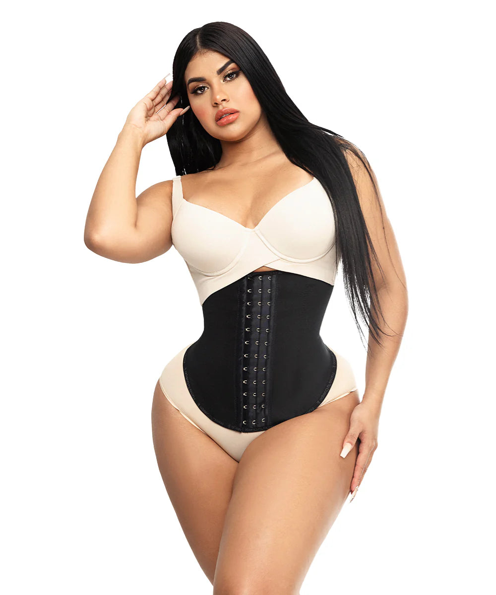 Cinturilla reloj de arena en látex con broches de tres posiciones, diseñada para moldear la cintura, controlar el abdomen y adaptarse a cuerpos con caderas anchas y cintura definida.
