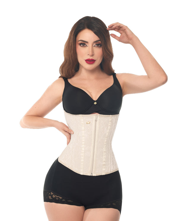 Faja corset colombiana de máxima compresión en Powernet con cierre frontal, tres niveles de ajuste y soporte para la espalda, diseñada para definir la cintura y crear una silueta tipo reloj de arena.